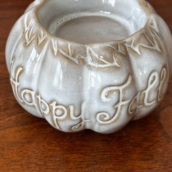 Harvest Treasures Porcelain Candle Holder Set 3 Pumpkins w/ Fall Phrases Decor - Picture 8 of 11